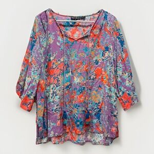 Tolani Collection Floral Watercolor Printed 3/4-Sleeve Woven Blouse Nylon Sz M